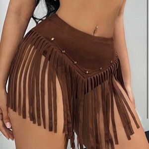SHEIN Western Fringe Suede High-Waist Brown skirt Shorts festival